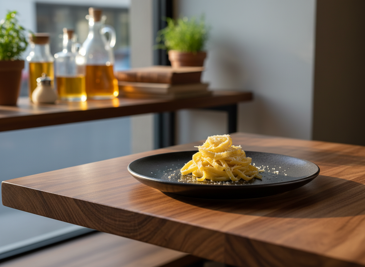 A single, meticulously plated dish of handmade pasta rests at the center of a dark, matte stoneware plate, the strands glossy with a light sheen of olive oil and dotted with finely grated pecorino. The plate sits on a narrow walnut table with visible grain, near a window in a quiet restaurant. Late afternoon natural light streams in from the side, creating soft highlights on the pasta and gentle shadows that recede into a subtly blurred background of bottles and books. Photographed at eye level with a shallow depth of field, the composition is restrained and centered, evoking a sophisticated, writing-first food journal aesthetic in realistic, minimalist photographic style.