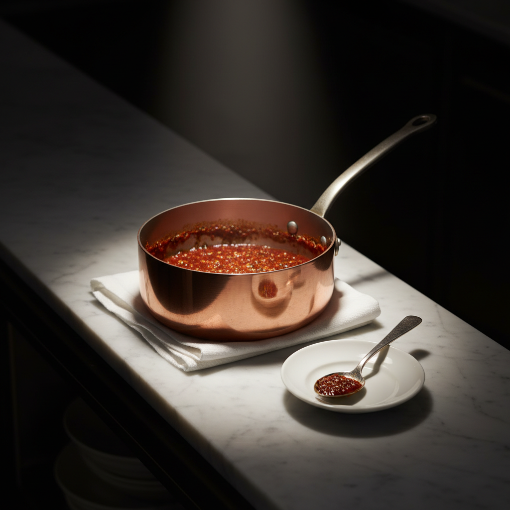 A solitary, burnished copper saucepan with a long, slender handle sits on a folded white linen napkin atop a narrow marble counter, filled with a rich, slowly simmered sauce that clings to the sides. Next to it, a tasting spoon rests on a small saucer, holding just a spoonful of the sauce, its surface catching the light. Overhead, a single focused spotlight creates dramatic, cinematic lighting, emphasizing the sheen of the copper and the depth of the sauce while the background fades into soft darkness. Captured from a low, three-quarter angle with shallow depth of field, the composition feels intimate and precise, reflecting a sophisticated, narrative-driven food journal in a clean, photographic style.