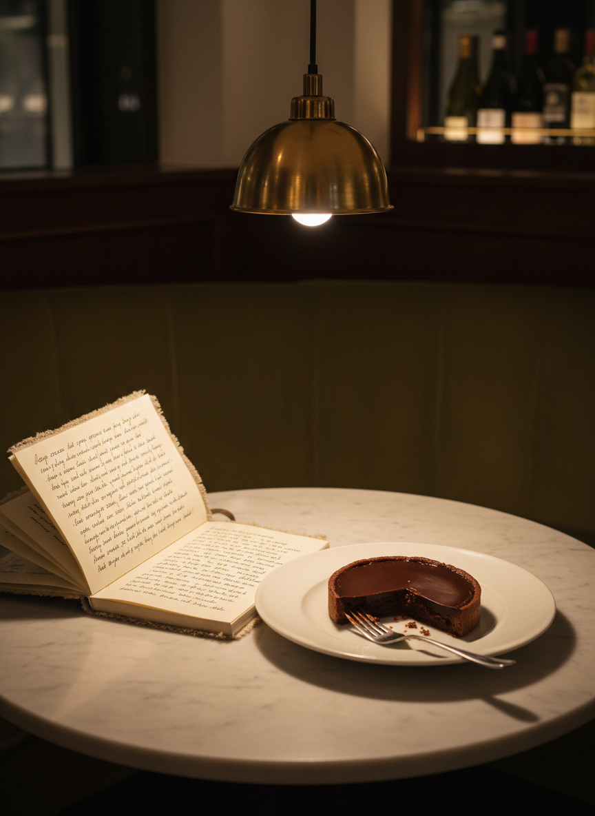 An open, linen-bound notebook lies on a small bistro table, its cream pages filled with neat, handwritten tasting notes beside a single, half-finished dessert: a glossy dark chocolate tart with a clean slice removed, revealing a velvety interior. A simple stainless steel dessert fork rests casually on the plate, bearing faint chocolate smudges. Warm pendant light from above pools onto the table, leaving the surrounding room in gentle shadow. Shot from a slightly elevated angle, the composition uses the rule of thirds, with sharp focus on the notebook and tart, and a softly blurred background of muted restaurant textures. The mood is contemplative and refined, with photographic realism and a calm, literary atmosphere.