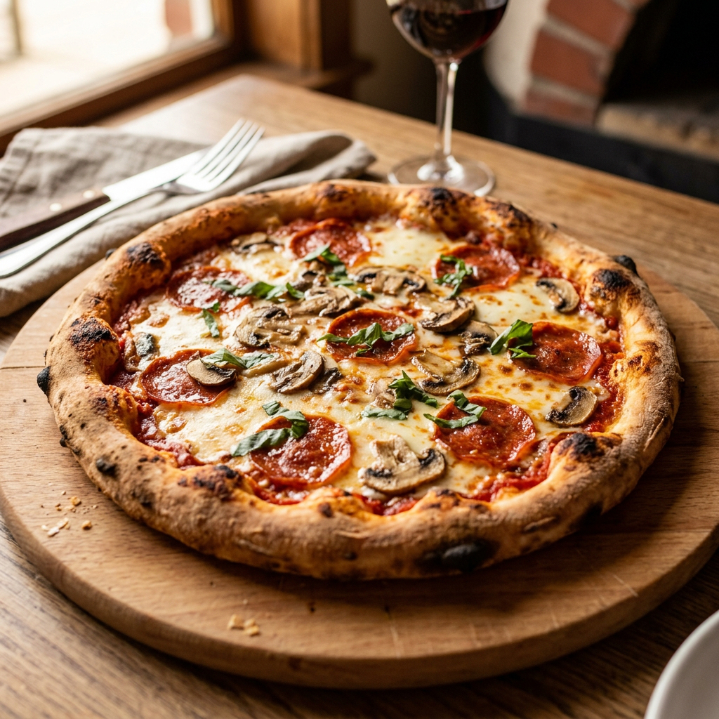 Pizza topped with pepperoni slices, mushrooms, melted cheese, and basil on a wooden board